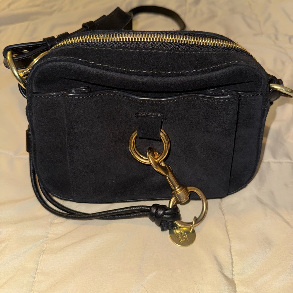See By Chloe Black and Gold Crossbody Bag - suede leather
